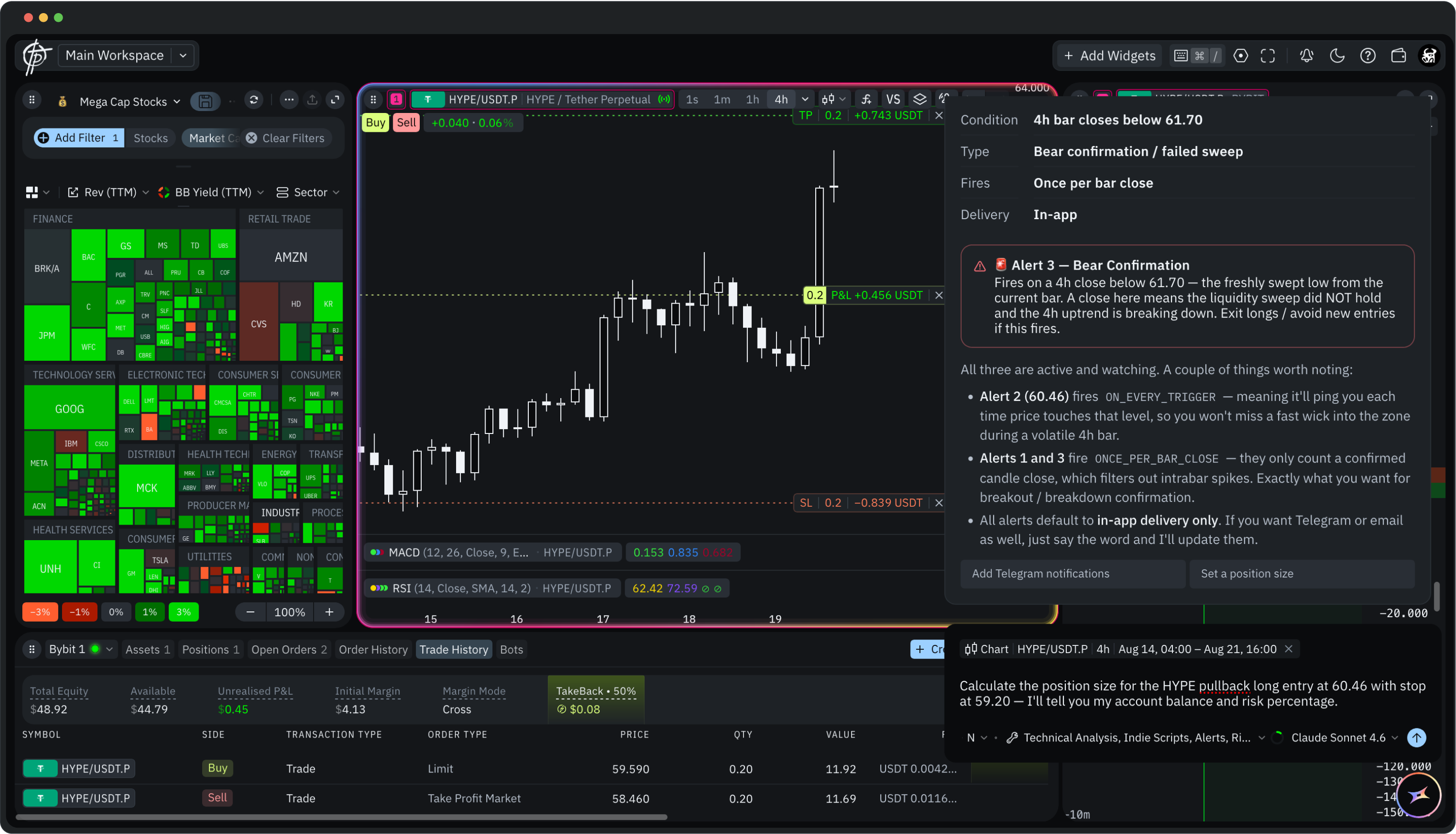 TakeProfit trading platform workspace with charts, screener, and order panel